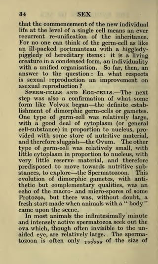 34

SEX

that the commencement of the new individual
life at the level of a
single cell means an ever
recurrent re-unification of the inheritance.
For no one can think of the germ-cell as like
an ill-packed portmanteau with a higgledyit is a living
piggledy of hereditary items
creature in a condensed form, an individuality
with a unified organisation. So far, then, an
answer to the question
In what respects
is sexual reproduction an
improvement on
asexual reproduction ?
SPERM-CELLS AND EGG-CELLS. The next
step was also a confirmation of what some
form like Volvox began the definite establishment of dimorphic germ-cells or gametes.
:

:

One type of germ-cell was relatively large,
with a good deal of cytoplasm (or general
cell-substance) in proportion to nucleus, provided with some store of nutritive material,
and therefore sluggish the Ovum. The other
type of germ-cell was relatively small, with
little cytoplasm in proportion to nucleus, with
very little reserve material, and therefore
predisposed to move towards nutritive subthe Spermatozoon. This
stances, to explore
evolution of dimorphic gametes, with antithetic but complementary qualities, was an
echo of the macro- and micro-spores of some

Protozoa, but there was, without doubt, a
made when animals with a " body "
came upon the scene.
In most animals the infinitesimally minute
and intensely active spermatozoa seek out the
ova which, though often invisible to the unaided eye, are relatively large. The spermatozoon is often only -rrnririnr f the size of
fresh start

 