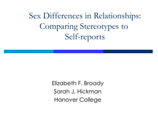 Sex Differences in Relationships: Comparing Stereotypes to  Self-reports Elizabeth F. Broady Sarah J. Hickman Hanover College 