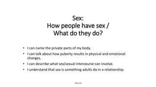 rshp.scot
Sex:
How people have sex /
What do they do?
• I can name the private parts of my body.
• I can talk about how puberty results in physical and emotional
changes.
• I can describe what sex/sexual intercourse can involve.
• I understand that sex is something adults do in a relationship.
 