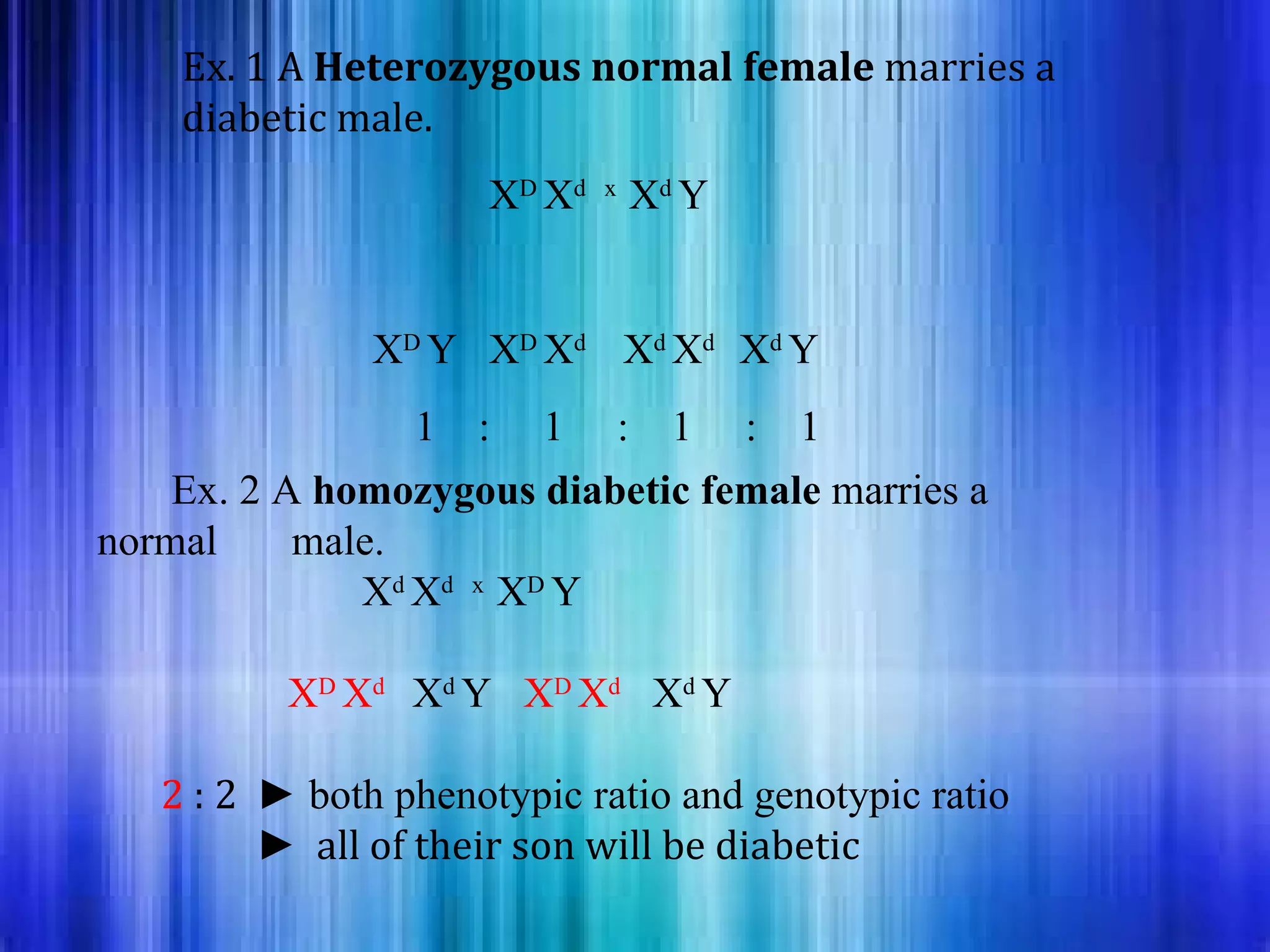 Ex. 1 A Heterozygous normal female marries a
    diabetic male.
                     XD Xd   x
                                 Xd Y


               XD Y XD Xd Xd Xd Xd Y
                 1 : 1 : 1 : 1
    Ex. 2 A homozygous diabetic female marries a
normal     male.
              Xd Xd x XD Y

          XD Xd Xd Y XD Xd Xd Y

   2 : 2 ► both phenotypic ratio and genotypic ratio
         ► all of their son will be diabetic
 