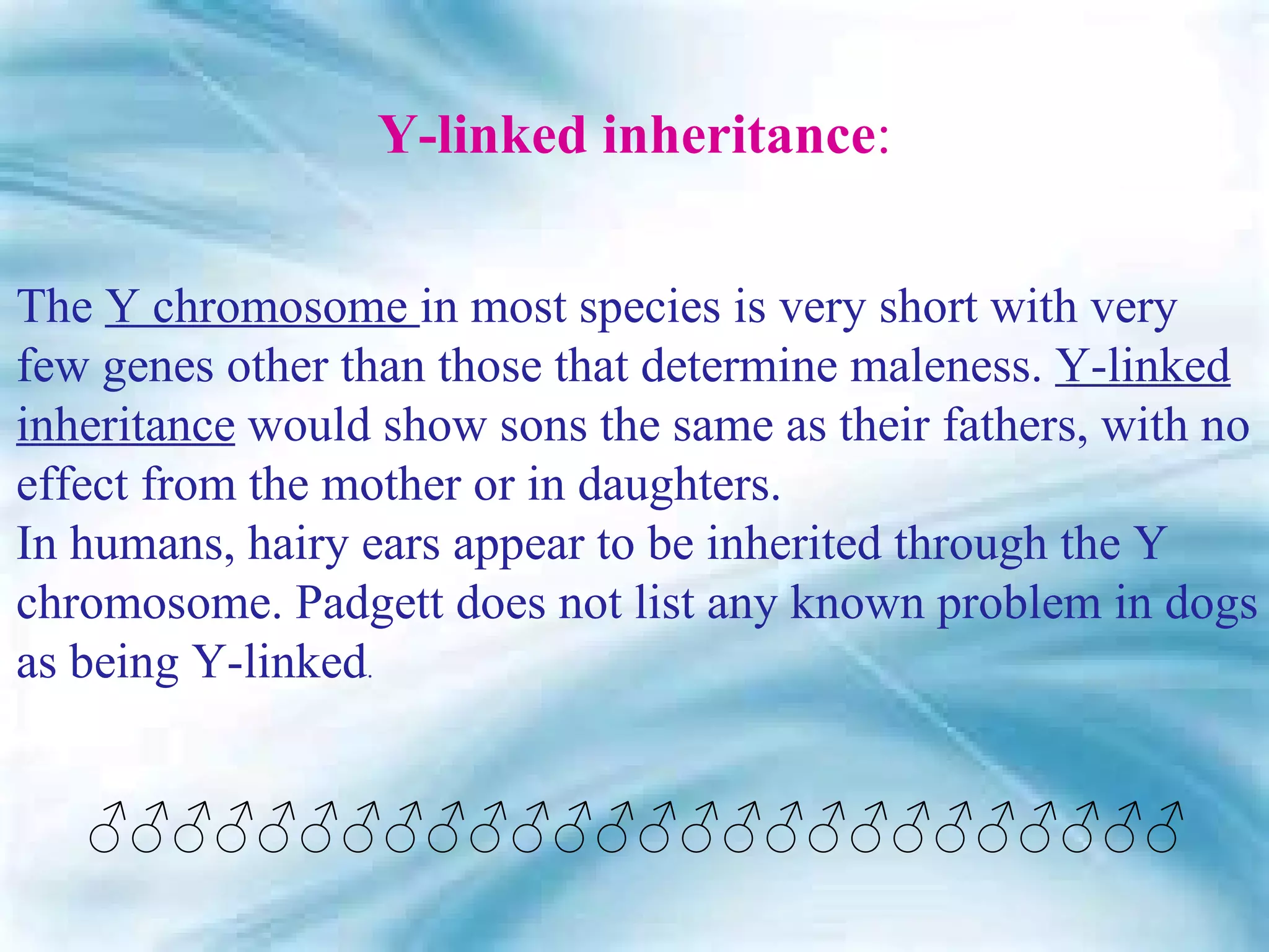 Y-linked inheritance:


The Y chromosome in most species is very short with very
few genes other than those that determine maleness. Y-linked
inheritance would show sons the same as their fathers, with no
effect from the mother or in daughters.
In humans, hairy ears appear to be inherited through the Y
chromosome. Padgett does not list any known problem in dogs
as being Y-linked.


   ♂♂♂♂♂♂♂♂♂♂♂♂♂♂♂♂♂♂♂♂♂♂♂♂♂♂
 