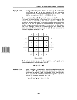 Algebra de Boole como Sistema Axiomático
118
Ejemplo 4.3.5: La Figura 4.4.10 muestra el mapa de Karnaugh de una función
determinada f: B4
→ B. Los valores uno son colocados
considerando la localización de las entradas en la Figura 4.3.9
(b). Por consiguiente, f (0101) = 1, f (0001) = 0, etc.
El cuadrado del centro de 2 x 2 representa la expresión booleana w v y.
Las cuatro esquinas también forman cuadrados de lado 2 ya que las
aristas derecha e izquierda y las aristas superior e inferior se
consideran adyacentes. Desde un punto de vista geométrico, se puede
ver que, si se gira el rectángulo horizontalmente, se obtendrá un
cilindro. Luego, cuando además se gire verticalmente, se obtendrá un
toro o una "cámara" (cámara de un neumático). En esta cámara, las
cuatro esquinas forman un cuadrado de lado 2 que representa la
expresión booleana siguiente: w' v y'.
z' z' z z
x' 1 0 0 1 y'
x' 0 1 1 0 y
x 0 1 1 0 y
x 1 0 0 1 y'
w' w w w'
Figura 4.3.10
De lo anterior se deduce que la descomposición previa produce la
siguiente expresión booleana para la función f.
(w v y) w (w' v y')
Ejemplo 4.3.6 : En la Figura 4.3.11 se muestra el mapa de Karnaugh de una
función f : B4
6 B. La descomposición de los valores uno en un
rectángulo de lados 2n
, como lo muestra la figura, sirve también
de la propiedad de "enrollamiento" de los renglones superior e
inferior. La expresión resultante para f es:
(z' v y') w (x'v y'v z) w (x v y v z v w)
 