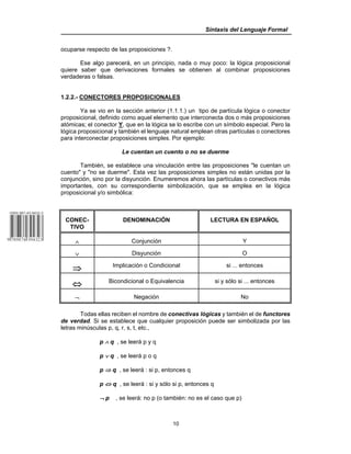 Sintaxis del Lenguaje Formal
10
ocuparse respecto de las proposiciones ?.
Ese algo parecerá, en un principio, nada o muy poco: la lógica proposicional
quiere saber que derivaciones formales se obtienen al combinar proposiciones
verdaderas o falsas.
1.2.2.- CONECTORES PROPOSICIONALES
Ya se vio en la sección anterior (1.1.1.) un tipo de partícula lógica o conector
proposicional, definido como aquel elemento que interconecta dos o más proposiciones
atómicas; el conector Y, que en la lógica se lo escribe con un símbolo especial. Pero la
lógica proposicional y también el lenguaje natural emplean otras partículas o conectores
para interconectar proposiciones simples. Por ejemplo:
Le cuentan un cuento o no se duerme
También, se establece una vinculación entre las proposiciones "le cuentan un
cuento" y "no se duerme". Esta vez las proposiciones simples no están unidas por la
conjunción, sino por la disyunción. Enumeremos ahora las partículas o conectivos más
importantes, con su correspondiente simbolización, que se emplea en la lógica
proposicional y/o simbólica:
CONEC-
TIVO
DENOMINACIÓN LECTURA EN ESPAÑOL
∧ Conjunción Y
∨ Disyunción O
⇒ Implicación o Condicional si ... entonces
⇔ Bicondicional o Equivalencia si y sólo si ... entonces
¬ Negación No
Todas ellas reciben el nombre de conectivas lógicas y también el de functores
de verdad. Si se establece que cualquier proposición puede ser simbolizada por las
letras minúsculas p, q, r, s, t, etc.,
p ∧ q , se leerá p y q
p ∨ q , se leerá p o q
p ⇒ q , se leerá : si p, entonces q
p ⇔ q , se leerá : si y sólo si p, entonces q
¬ p , se leerá: no p (o también: no es el caso que p)
 