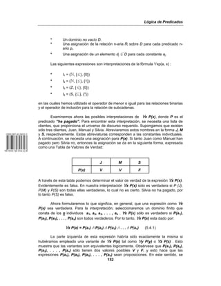 Lógica de Predicados
152
* Un dominio no vacío D.
* Una asignación de la relación n-aria Ri sobre D para cada predicado n-
ario pi.
* Una asignación de un elemento dj 0 D para cada constante aj.
Las siguientes expresiones son interpretaciones de la fórmula œxp(a, x) :
* I1 = (ù, {#}, {0})
* I2 = (ù, {#}, {1})
* I3 = (Z, {#}, {0})
* I4 = (S, {f}, {"})
en las cuales hemos utilizado el operador de menor o igual para las relaciones binarias
y el operador de inclusión para la relación de subcadenas.
Examinemos ahora las posibles interpretaciones de œx P(x), donde P es el
predicado “ha pagado”. Para encontrar esta interpretación, se necesita una lista de
clientes, que proporciona el universo de discurso requerido. Supongamos que existen
sólo tres clientes, Juan, Manuel y Silvia. Abreviaremos estos nombres en la forma J, M
y S, respectivamente. Estas abreviaturas corresponden a las constantes individuales.
A continuación, se necesita una asignación para P(x). Si tanto Juan como Manuel han
pagado pero Silvia no, entonces la asignación se da en la siguiente forma, expresada
como una Tabla de Valores de Verdad:
J M S
P(x) V V F
A través de esta tabla podemos determinar el valor de verdad de la expresión œx P(x).
Evidentemente es falsa. En nuestra interpretación œx P(x) solo es verdadera si P (J),
P(M) y P(S) son todas ellas verdaderas, lo cual no es cierto. Silvia no ha pagado, por
lo tanto P(S) es falso.
Ahora formularemos lo que significa, en general, que una expresión como œx
P(x) sea verdadera. Para la interpretación, seleccionaremos un dominio finito que
consta de los n individuos a1, a2, a3, . . . , an . œx P(x) sólo es verdadero si P(a1),
P(a2), P(a3), . . . , P(an) son todos verdaderos. Por lo tanto, œx P(x) esta dado por:
œx P(x) = P(a1) v P(a2) v P(a3) v . . . v P(an) (5.4.1)
La parte izquierda de esta expresión habría sido exactamente la misma si
hubiéramos empleado una variante de œx P(x) tal como œy P(y) o œz P(z) . Esto
muestra que las variantes son equivalentes lógicamente. Obsérvese que P(a1), P(a2),
P(a3), . . . , P(an) sólo tienen dos valores posibles V y F, y esto hace que las
expresiones P(a1), P(a2), P(a3), . . . , P(an) sean proposiciones. En este sentido, se
 