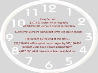 Every Second…. $3075.62 is spent on pornography 28,258 Internet users are viewing pornography 372 Internet users are typin...
