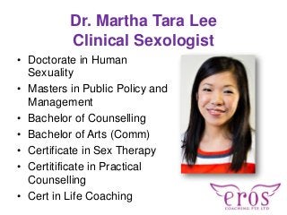 Dr. Martha Tara Lee
Clinical Sexologist
• Doctorate in Human
Sexuality
• Masters in Public Policy and
Management
• Bachelo...