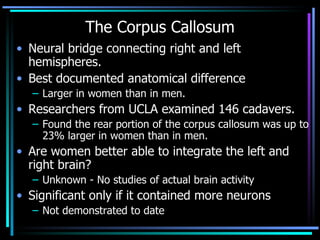 The Corpus Callosum Neural bridge connecting right and left hemispheres.  Best documented anatomical difference Larger in women than in men.  Researchers from UCLA examined 146 cadavers. Found the rear portion of the corpus callosum was up to 23% larger in women than in men.  Are women better able to integrate the left and right brain? Unknown - No studies of actual brain activity Significant only if it contained more neurons Not demonstrated to date 