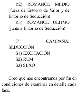 R2) ROMANCE MEDIO
(fuera de Entorno de Valor y de
Entorno de Seducción)
R3) ROMANCE ÚLTIMO
(junto a Entorno de Seducción)
3ª CAMPAÑA:
SEDUCCIÓN
S1) EXCITACIÓN
S2) RUM
S3) SEXO
Creo que nos encontramos por fin en
condiciones de examinar en detalle cada
fase.
 
