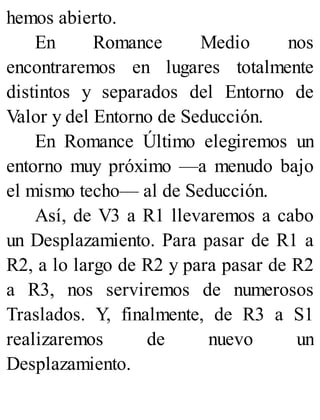 hemos abierto.
En Romance Medio nos
encontraremos en lugares totalmente
distintos y separados del Entorno de
Valor y del Entorno de Seducción.
En Romance Último elegiremos un
entorno muy próximo —a menudo bajo
el mismo techo— al de Seducción.
Así, de V3 a R1 llevaremos a cabo
un Desplazamiento. Para pasar de R1 a
R2, a lo largo de R2 y para pasar de R2
a R3, nos serviremos de numerosos
Traslados. Y, finalmente, de R3 a S1
realizaremos de nuevo un
Desplazamiento.
 