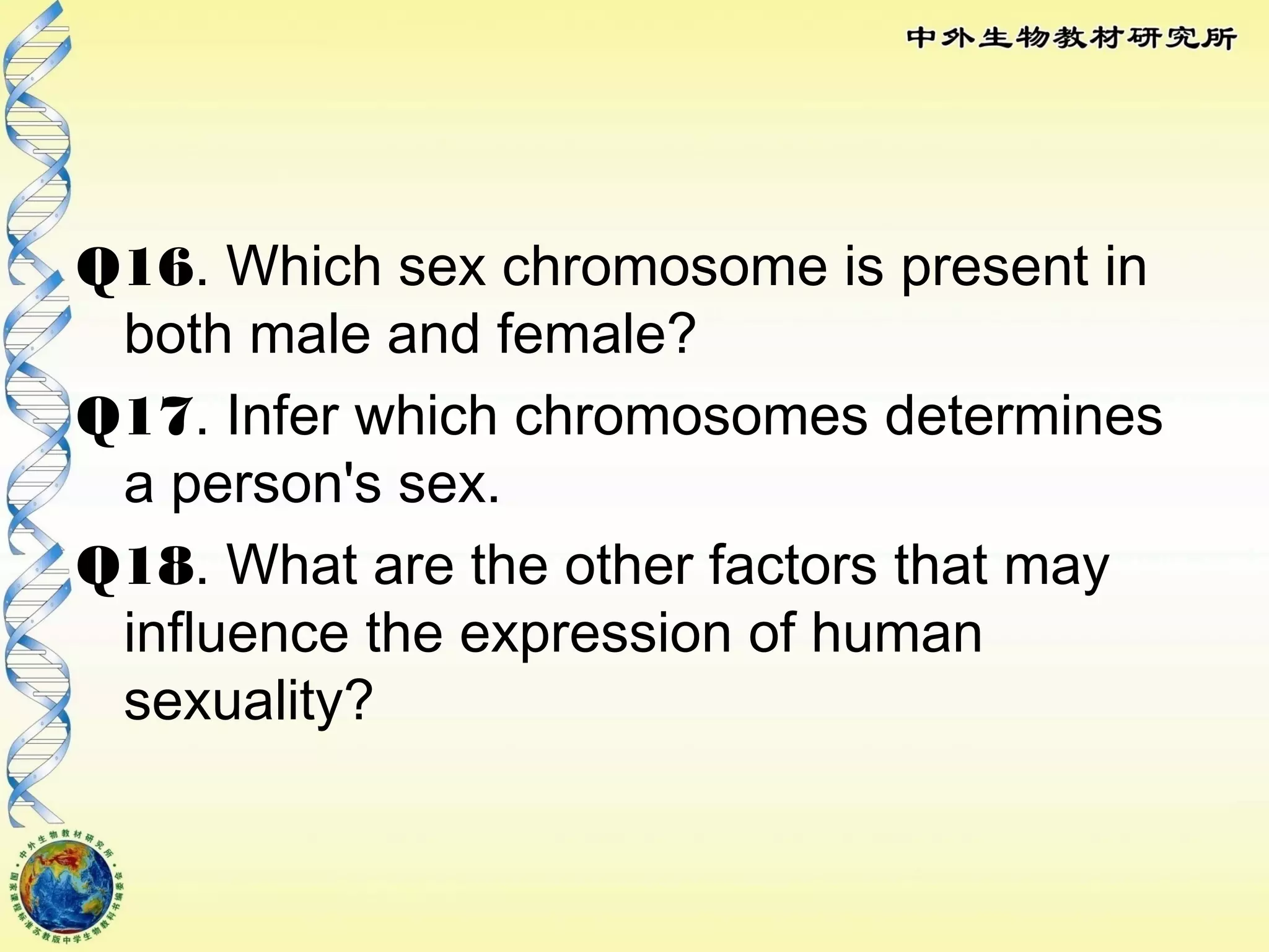 Q16. Which sex chromosome is present in
both male and female?
Q17. Infer which chromosomes determines
a person's sex.
Q18. What are the other factors that may
influence the expression of human
sexuality?
 