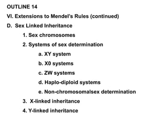 OUTLINE 14
VI. Extensions to Mendel’s Rules (continued)
D. Sex Linked Inheritance
1. Sex chromosomes
2. Systems of sex determination
a. XY system
b. X0 systems
c. ZW systems
d. Haplo-diploid systems
e. Non-chromosomalsex determination
3. X-linked inheritance
4. Y-linked inheritance
 