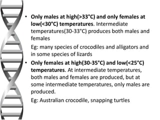 • Only males at high(>33°C) and only females at
low(<30°C) temperatures. Intermediate
temperatures(30-33°C) produces both males and
females
Eg: many species of crocodiles and alligators and
in some species of lizards
• Only females at high(30-35°C) and low(<25°C)
temperatures. At intermediate temperatures,
both males and females are produced, but at
some intermediate temperatures, only males are
produced.
Eg: Australian crocodile, snapping turtles
 
