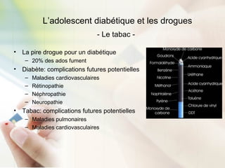 L’adolescent diabétique et les drogues
• La pire drogue pour un diabétique
– 20% des ados fument
• Diabète: complications futures potentielles
– Maladies cardiovasculaires
– Rétinopathie
– Néphropathie
– Neuropathie
• Tabac: complications futures potentielles
– Maladies pulmonaires
– Maladies cardiovasculaires
- Le tabac -
 