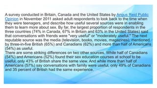A survey conducted in Britain, Canada and the United States by Angus Reid Public
Opinion in November 2011 asked adult respondents to look back to the time when
they were teenagers, and describe how useful several sources were in enabling
them to learn more about sex. By far, the largest proportion of respondents in the
three countries (74% in Canada, 67% in Britain and 63% in the United States) said
that conversations with friends were "very useful" or "moderately useful." The next
reputable source was the media (television, books, movies, magazines), mentioned
by three-in-five British (65%) and Canadians (62%) and more than half of Americans
(54%) as useful.
There are some striking differences on two other sources. While half of Canadians
(54%) and Americans (52%) found their sex education courses at school to be
useful, only 43% of British share the same view. And while more than half of
Americans (57%) say conversations with family were useful, only 49% of Canadians
and 35 percent of British had the same experience.
 