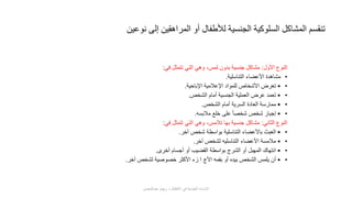 ‫نوعين‬ ‫إلى‬ ‫المراهقين‬ ‫أو‬ ‫لألطفال‬ ‫الجنسية‬ ‫السلوكية‬ ‫المشاكل‬ ‫تنقسم‬
‫األول‬ ‫النوع‬:‫في‬ ‫تتمثل‬ ‫التي‬ ‫وهي‬ ،‫لمس‬ ‫بدون‬ ‫جنسية‬ ‫مشاكل‬:
•‫التناسلية‬ ‫األعضاء‬ ‫مشاهدة‬.
••‫اإلباحية‬ ‫اإلعالمية‬ ‫للمواد‬ ‫األشخاص‬ ‫تعرض‬.
••‫الشخص‬ ‫أمام‬ ‫الجنسية‬ ‫العملية‬ ‫عرض‬ ‫تعمد‬.
••‫الشخص‬ ‫أمام‬ ‫السرية‬ ‫العادة‬ ‫ممارسة‬.
••‫مالبسه‬ ‫خلع‬ ‫على‬ ً‫ا‬‫شخص‬ ‫شخص‬ ‫إجبار‬.
‫الثاني‬ ‫النوع‬:‫في‬ ‫تتمثل‬ ‫التي‬ ‫وهي‬ ،‫تالمس‬ ‫بها‬ ‫جنسية‬ ‫مشاكل‬:
••‫آخر‬ ‫شخص‬ ‫بواسطة‬ ‫التناسلية‬ ‫باألعضاء‬ ‫العبث‬.
••‫آخر‬ ‫لشخص‬ ‫التناسليه‬ ‫األعضاء‬ ‫مالمسة‬.
••‫أخرى‬ ‫أجسام‬ ‫أو‬ ‫القضيب‬ ‫بواسطة‬ ‫الشرج‬ ‫أو‬ ‫المهبل‬ ‫انتهاك‬.
••‫آخر‬ ‫لشخص‬ ‫خصوصية‬ ‫األكثر‬ ‫زء‬ ‫ا‬ ‫األج‬ ‫بفمه‬ ‫أو‬ ‫بيده‬ ‫الشخص‬ ‫يلمس‬ ‫أن‬.
‫عبدالمحسن‬ ‫ريهام‬ ‫د‬ ‫األطفال‬ ‫في‬ ‫الجنسية‬ ‫اإلساءة‬
 