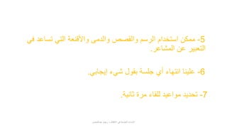 5-‫ف‬ ‫تساعد‬ ‫التي‬ ‫واألقنعة‬ ‫والدمى‬ ‫والقصص‬ ‫الرسم‬ ‫استخدام‬ ‫ممكن‬‫ي‬
‫المشاعر‬ ‫عن‬ ‫التعبير‬.
6-‫إيجابي‬ ‫شيء‬ ‫بقول‬ ‫جلسة‬ ‫أي‬ ‫انتهاء‬ ‫علينا‬.
7-‫ثانية‬ ‫مرة‬ ‫للقاء‬ ‫مواعيد‬ ‫تحديد‬.
‫عبدالمحسن‬ ‫ريهام‬ ‫د‬ ‫األطفال‬ ‫في‬ ‫الجنسية‬ ‫اإلساءة‬
 