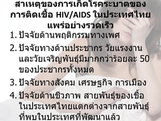 สาเหตุของการเกิดโรคระบาดของ
การติดเชือ HIV/AIDS ในประเทศไทย
            ้
           แพร่อย่างรวดเร็ว
1. ปัจจัยด้านพฤติกรรมทางเพศ
2. ปัจจัยทางด้านประชากร วัยแรงงาน
   และวัยเจริญพันธุ์มีมากกว่าร้อยละ 50 
   ของประชากรทังหมด
                  ้
3. ปัจจัยทางสังคม เศรษฐกิจ การเมือง
4. ปัจจัยด้านชีวภาพ สายพันธุ์ของเชือ้
   ในประเทศไทยแตกต่างจากสายพันธุ์
   ที่พบในประเทศทีพัฒนาแล้ว
                    ่
 