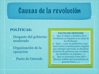 Causas de la revolución

POLÍTICAS:
                                PACTO DE OSTENDE
                         1. Que el objeto y bandera de la
 Desgaste del gobierno   revolución en España es la caída de
 moderado                             los Borbones.
                         2. Que (...) por un plebiscito o por
                         unas Cortes constituyentes elegidas
 Organización de la       por sufragio universal, se decidiría
 oposición                la forma de gobierno que se habría
                              de establecer en España (...).
                         3. Que se reconocía como jefe y
  Pacto de Ostende         director militar del movimiento al
                                    general Prim (...).
 