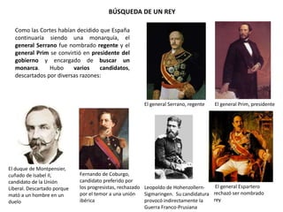 Se desarrolló una intensa conflictividad
social, especialmente en las zonas de
predominio de latifundios (Andalucía y
Extremadura), donde los campesinos
aspiraban al reparto de la tierra, y en las
ciudades, donde fueron habituales los
motines contra los consumos, las quintas y
los altos precios.
Motín contra las quintas en Jerez, 1869
Manifestación contra las quintas en Zaragoza, 1869
 