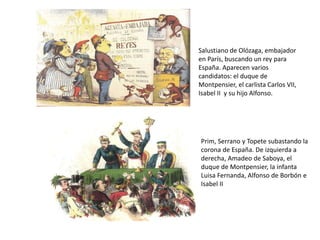 Soldados voluntarios embarcando hacia Cuba en el puerto
de Barcelona (1870)
GUERRA EN CUBA (1868-1878)
Carlos Manuel
Céspedes,
líder de los
independentista
s cubanos
Grito de Yara, 10 de octubre 1868
El Gobierno Provisional también hubo de hacer frente al
estallido de una guerra de independencia en Cuba, la llamada
Guerra de los Diez Años o Guerra Grande (1868-1878), iniciada
en octubre de 1868 con el Grito de Yara, un manifiesto
independentista emitido por el criollo Carlos Manuel Céspedes,
que prometía la abolición de la esclavitud. Pero la oligarquía
azucarera del oeste de la isla se opuso y se enfrentó tanto a los
rebeldes como al gobierno español.
 