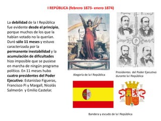 Carlistas con el pretendiente Carlos VII
3ª GUERRA CARLISTA (1872-1876)
Viñeta que representa al pretendiente carlista Carlos VII
y Cándido Nocedal en La Flaca, 1869
Viñeta que representa a los carlistas y a los que les
apoyaban, La Flaca, 1870
A todo esto se añadió el estallido de la
Tercera Guerra Carlista en 1872, con un
nuevo pretendiente al trono, Carlos VII, y
la continuación de la guerra en Cuba.
 