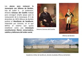 Castelar “salvando” a la República Castelar “apagando” las revueltas cantonales
Los problemas de orden público y la situación de guerra hicieron bascular a la República
hacia la derecha, primero con Salmerón y más tarde con Castelar. Salmerón utilizó al
ejército para reprimir todos los levantamientos, lo cual hizo que perdiera apoyo popular.
Sólo el cantón de Cartagena resistió hasta enero de 1874. Salmerón dimitió en
septiembre por negarse a firmar dos sentencias de muerte y fue reemplazado por
Castelar, republicano unitario conservador En septiembre de 1873 Castelar consiguió
plenos poderes de las Cortes y gobernó de forma autoritaria durante tres meses.
 