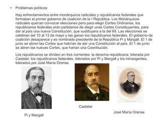 ● Problemas políticos 
Hay enfrentamientos entre monárquicos radicales y republicanos federales que 
formaban el primer gobierno de coalición de la I República. Los Monárquicos 
radicales querían convocar elecciones pero para elegir Cortes Ordinarias, los 
republicanos federales eran partidarios de elegir unas Cortes Constituyentes, para 
dar al país una nueva Constitución, que sustituyera a la del 69. Las elecciones se 
celebran del 10 al 13 de mayo y las ganan los republicanos federales. El gobierno de 
coalición desaparece y es nombrado presidente de la República Pi y Margall. El 1 de 
junio se abren las Cortes que habrían de dar una Constitución al país. El 1 de junio 
se abren las nuevas Cortes, que harían una Cosntitución. 
Los republicanos se dividen en tres corrientes: la derecha republicana, liderada por 
Castelar, los republicanos federales, liderados por Pi y Margall y los intrasigentes, 
liderados por José María Orense. 
José María Orense 
Castelar 
Pi y Margall 
 
