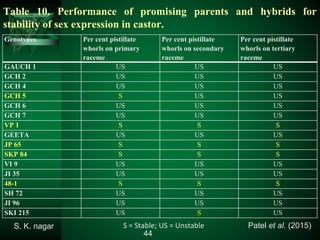 Genotypes Per cent pistillate
whorls on primary
raceme
Per cent pistillate
whorls on secondary
raceme
Per cent pistillate
whorls on tertiary
raceme
GAUCH 1 US US US
GCH 2 US US US
GCH 4 US US US
GCH 5 S US US
GCH 6 US US US
GCH 7 US US US
VP 1 S S S
GEETA US US US
JP 65 S S S
SKP 84 S S S
VI 9 US US US
JI 35 US US US
48-1 S S S
SH 72 US US US
JI 96 US US US
SKI 215 US S US
Table 10. Performance of promising parents and hybrids for
stability of sex expression in castor.
S = Stable; US = Unstable Patel et al. (2015)S. K. nagar
44
 