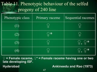 Table 11. Phenotypic behaviour of the selfed
progeny of 240 line
Phenotypic class Primary raceme Sequential racemes
(1) ♀ ♀
(2) ♀* ♀
(3) ♀ ♀, ♀*
(4) ♀ ♀, ♀*
♀ = Female raceme, ♀* = Female raceme having one or two
late developing ISF.
Hyderabad Ankineedu and Rao (1973)
47
 