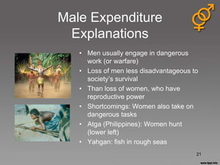 Male Expenditure
 Explanations
   • Men usually engage in dangerous
     work (or warfare)
   • Loss of men less disadvantageous to
     society‟s survival
   • Than loss of women, who have
     reproductive power
   • Shortcomings: Women also take on
     dangerous tasks
   • Atga (Philippines): Women hunt
     (lower left)
   • Yahgan: fish in rough seas
                                       21
 