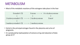 METABOLISM
• Most of the metabolic reactions of the estrogens take place in the liver
• Estriol is the principal estrogen found in the placenta and urine of
pregnants.
• It is produced by hydroxylation of estrone at Cg and reduction of keto
group at C7
 