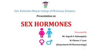 1
Smt. Kishoritai Bhoyar College of Pharmacy, Kamptee.
Presentation on
SEX HORMONES
Presented By
Mr. Yogesh U. Rahangdale
M. Pharm 1st year
(Department Of Pharmacology)
 