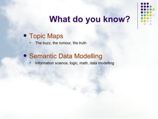 What do you know? <ul><li>Topic Maps </li></ul><ul><ul><li>The buzz, the rumour, the truth </li></ul></ul><ul><li>Semantic...