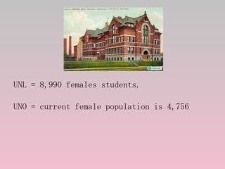 <ul><li>UNL = 8,990 females students. </li></ul><ul><li>UNO = current female population is 4,756 </li></ul>