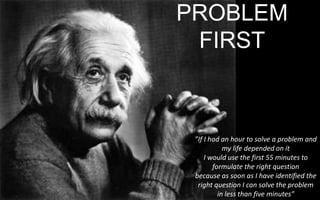 INNOVATIVE THINKING:
PROBLEM FIRST

”If	
  I	
  had	
  an	
  hour	
  to	
  solve	
  a	
  problem	
  
and	
  my	
  life	
  depended	
  on	
  it	
  
I	
  would	
  use	
  the	
  ﬁrst	
  55	
  minutes	
  to	
  
formulate	
  the	
  right	
  ques;on	
  
because	
  as	
  soon	
  as	
  I	
  have	
  iden;ﬁed	
  the	
  
right	
  ques;on	
  I	
  can	
  solve	
  the	
  problem	
  
in	
  less	
  than	
  ﬁve	
  minutes”	
  

 