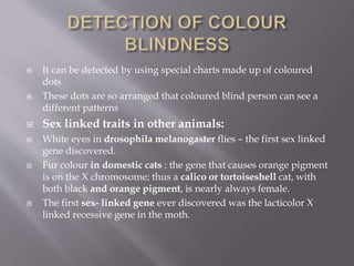  It can be detected by using special charts made up of coloured
dots
 These dots are so arranged that coloured blind person can see a
different patterns
 Sex linked traits in other animals:
 White eyes in drosophila melanogaster flies – the first sex linked
gene discovered.
 Fur colour in domestic cats : the gene that causes orange pigment
is on the X chromosome; thus a calico or tortoiseshell cat, with
both black and orange pigment, is nearly always female.
 The first sex- linked gene ever discovered was the lacticolor X
linked recessive gene in the moth.
 
