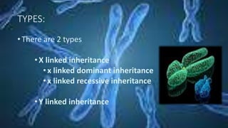 TYPES:
• There are 2 types
•X linked inheritance
•x linked dominant inheritance
•x linked recessive inheritance
•Y linked inheritance
 