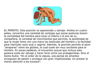 EL PERRITO: Esta posición es apasionada y salvaje. Ambos en cuatro
patas, concentra una cantidad de ventajas que pocas posturas tienen:
la comodidad del hombre para tocar el clítoris o el ano de su
compañera, la variedad de movimientos que permite, la posibilidad de
que la mujer tome con una mano los testículos del hombre y la facilidad
para intercalar sexo anal y vaginal. Además, la posición permite al pene
"atraparse" entre los glúteos, lo cual suele ser muy excitante para el
hombre. En pocas palabras, el encuentro sexual que incluye esta
postura suele ser salvaje y hacer furor entre sus protagonistas. Dice el
Kama-Sutra: "En el ardor de la cópula, una pareja de amantes
enceguece de pasión y prosigue con gran impetuosidad, sin prestar la
menor atención a los excesos".
 