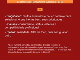 Síndrome do Pensamento Acelerdo - SPA




- Diagnóstico: muitos estímulos e pouco controle para
selecionar o que lhe faz bem, suas prioridades
 - Causas: consumismo, status, estética e
competitividade profissional
- Efeitos: ansiedade, falta de foco, quer ser igual ao
outro


  “O ser humano aprendeu a administrar diversos recursos e
  instrumentos, mas não aprendeu a gerir as suas próprias emoções.”
  “Ser o 1º, sempre! Uma mania doentia da atualidade.” – E será que não
  é importante ser o segundo, terceiro, o décimo?
 