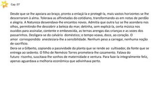 Cap. 07
Desde que se lhe apoiara ao braço, pronto a enlaçá-la e protegê-la, mais vastos horizontes se lhe
descerraram à alma. Tolerava as alfinetadas do cotidiano, transformando-as em notas de perdão
e alegria. A Natureza desvendava-lhe encantos novos. Admitia que outra luz se lhe acendera nos
olhos, permitindo-lhe descobrir a beleza do mar; detinha, sem explicá-la, certa música nos
ouvidos para assinalar, contente e embevecida, as ternas arengas das crianças e as vozes dos
passarinhos. Desligara-se do calvário doméstico; o tempo voava, doce, ao coração. O
amor correspondido anestesiara-lhe a sensibilidade. Nenhum peso a carregar, nenhuma noção
de sacrifício.
Dera-se a Gilberto, copiando a passividade da planta que se rende ao cultivador, da fonte que se
entrega ao sedento. O filho de Nemésio Torres prometera-lhe casamento. Falava do
futuro risonho, suscitava-lhe sonhos de maternidade e ventura. Para faze-la integralmente feliz,
apenas aguardava a melhoria econômica que adivinhava perto.
 