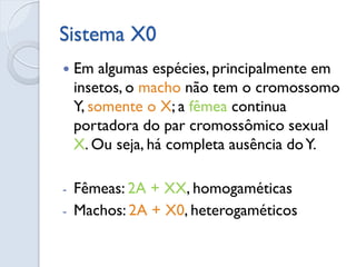 Sistema X0 
Em algumas espécies, principalmente em insetos, o macho não tem o cromossomo Y, somente o X; a fêmea continua portadora do par cromossômico sexual X. Ou seja, há completa ausência do Y. 
-Fêmeas: 2A + XX, homogaméticas 
-Machos: 2A + X0, heterogaméticos  