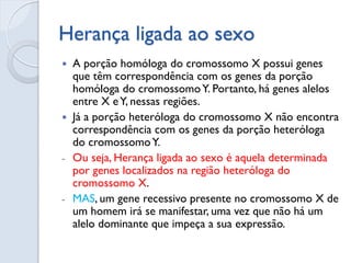 Herança ligada ao sexo 
A porção homóloga do cromossomo X possui genes que têm correspondência com os genes da porção homóloga do cromossomo Y. Portanto, há genes alelos entre X e Y, nessas regiões. 
Já a porção heteróloga do cromossomo X não encontra correspondência com os genes da porção heteróloga do cromossomo Y. 
-Ou seja, Herança ligada ao sexo é aquela determinada por genes localizados na região heteróloga do cromossomo X. 
-MAS, um gene recessivo presente no cromossomo X de um homem irá se manifestar, uma vez que não há um alelo dominante que impeça a sua expressão.  