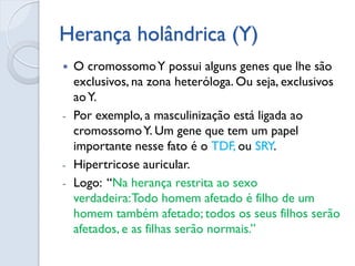 Herança holândrica (Y) 
O cromossomo Y possui alguns genes que lhe são exclusivos, na zona heteróloga. Ou seja, exclusivos ao Y. 
-Por exemplo, a masculinização está ligada ao cromossomo Y. Um gene que tem um papel importante nesse fato é o TDF, ou SRY. 
-Hipertricose auricular. 
-Logo: “Na herança restrita ao sexo verdadeira: Todo homem afetado é filho de um homem também afetado; todos os seus filhos serão afetados, e as filhas serão normais.”  