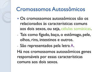 Cromossomos Autossômicos 
Os cromossomos autossômicos são os relacionados às características comuns aos dois sexos, ou seja, células somáticas. 
-Tais como fígado, baço, o estômago, pele, olhos, rins, intestinos e outros. 
-São representados pela letra A. 
Há nos cromossomos autossômicos genes responsáveis por essas características comuns aos dois sexos.  