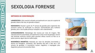 SEXOLOGIA FORENSE
LAPAROSCOPIA: (não invasivo) utilizado principalmente em casos de suspeita de
gravidez tubária não rota, em gravidez ectópica.
RADIOGRAFIA: Possível a partir da 7ª semana de gravidez pelo surgimento dos
primeiros pontos de ossificação na clavícula. Contraindicado para mulheres
grávidas, pois o raio-X pode provocar mutações e até o abortamento.
ULTRASSONOGRAFIA: Metodologia não invasiva por meio de imagens. Não
indicada de forma exacerbada, principalmente na fase inicial da gestação, mesmo
não existindo nenhuma certeza sobre possíveis efeitos nocivos ao feto ou se
pode ocasionar algum tipo de malformação.
RESSONÂNCIA MAGNÉTICA: Realizado por meio de vibrações transmitidas a
átomos de hidrogênio. Entretanto, não identifica tão bem o feto até a 22ª
semana de gestação. A ressonância nuclear magnética é empregada para
diagnóstico precoce de anomalias fetais.
MÉTODOS DE CONFIRMAÇÃO
 