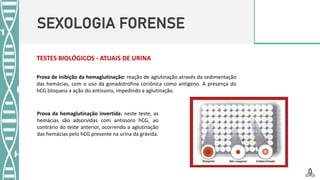 SEXOLOGIA FORENSE
TESTES BIOLÓGICOS - ATUAIS DE URINA
Prova de inibição da hemaglutinação: reação de aglutinação através da sedimentação
das hemácias, com o uso da gonadotrofina coriônica como antígeno. A presença do
hCG bloqueia a ação do antissoro, impedindo a aglutinação.
Prova da hemaglutinação invertida: neste teste, as
hemácias são adsorvidas com antissoro hCG, ao
contrário do teste anterior, ocorrendo a aglutinação
das hemácias pelo hCG presente na urina da grávida.
 