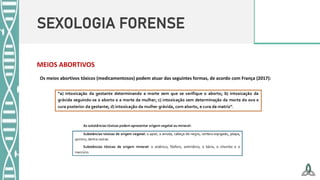 SEXOLOGIA FORENSE
Os meios abortivos tóxicos (medicamentosos) podem atuar das seguintes formas, de acordo com França (2017):
MEIOS ABORTIVOS
 