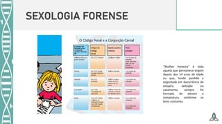 SEXOLOGIA FORENSE
“Mulher honesta” é toda
aquela que permanece virgem
depois dos 14 anos de idade
ou que, tendo perdido a
virgindade em decorrência de
estupro, sedução ou
casamento, sempre foi
honrada de decoro e
compostura, conforme os
bons costumes.
 