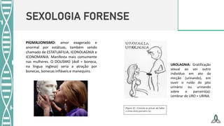 SEXOLOGIA FORENSE
UROLAGNIA: Gratificação
sexual ao ver outro
indivíduo em ato da
micção (urinando), em
ouvir o ruído do jato
urinário ou urinando
sobre o parceiro(a).
Lembrar de URO = URINA.
PIGMALIONISMO: amor exagerado e
anormal por estátuas, também sendo
chamado de ESTATUAFILIA, ICONOLAGNIA e
ICONOMANIA. Manifesta mais comumente
nas mulheres. O DOLISMO (doll = boneca,
na língua inglesa) seria a atração por
bonecas, bonecas infláveis e manequins.
 