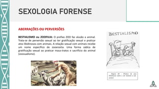 SEXOLOGIA FORENSE
ABERRAÇÕES OU PERVERSÕES
BESTIALISMO ou ZOOFILIA: O prefixo ZOO faz alusão a animal.
Trata-se de perversão sexual ao ter gratificação sexual e praticar
atos libidinosos com animais. A relação sexual com animais recebe
um nome específico de zooerastia. Uma forma sádica de
gratificação sexual ao praticar maus-tratos e sacrifício do animal
(zoossadismo).
 